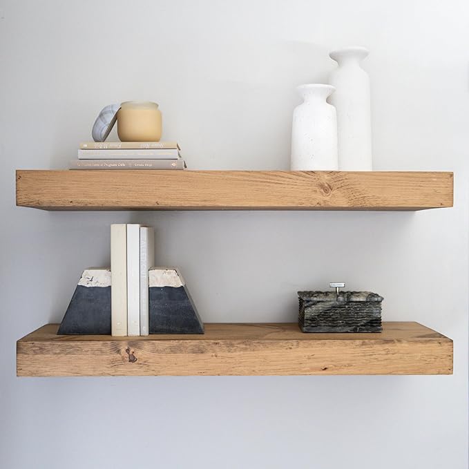 Modern Floating Shelves 3 Inches Thick for Wall, Wide Shelves for Kitchen, Living Room, Bedroom, and Bathroom, Natural Pine Wood, Rustic Wooden Shelf, (Set of 2) (Aged Oak, 36Lx3Hx6D)