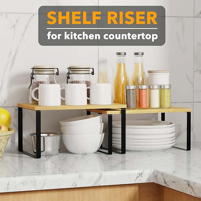SpaceAid Cabinet Shelf Organizers 2 Pack, Kitchen Counter Rack Shelves Riser, Stackable Expandable Spice Rack, Pantry Cupboard Storage Organization (Black and Natural, Short)