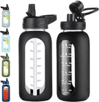 32 oz Glass Water Bottle with Straw and Handle, Sports Motivational Water Flask with Silicone Sleeve, Large Leakproof Water Flask Cup with Time Marker for Travel, Gym, Black