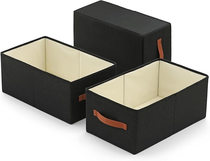 linen closet organizers and storage, 3 Pack Large Storage Baskets, Washable, Clothing Storage Bins with Handle, Closet Organizer for Storage Sweater,Sheets (Black, 18½"x11"x8½")