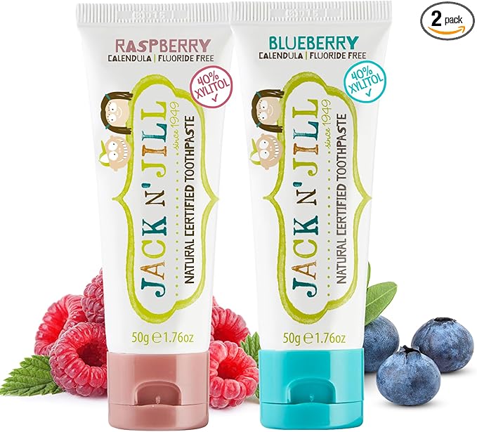 Jack N' Jill Natural Toothpaste for Baby and Infants - Fluoride Free Training Toothpaste, 40% Xylitol, BPA Free - Blueberry & Raspberry, 1.76 oz (Pack of 2)