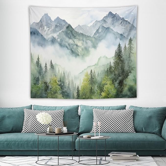 HZOHNAGO Mountain Tapestry Misty Green Forest Mountain Pattern Printed Wall Tapestry Wall Hanging for Bedroom Living Room Dorm 60" W x 50" H