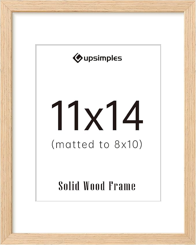 upsimples 11x14 Picture Frame, Natural Solid Wooden Picture Frames, Display 8x10 with Mat or 11 x 14 Without, Vertical or Horizontal Wall Hanging, 1 Pack, Natural