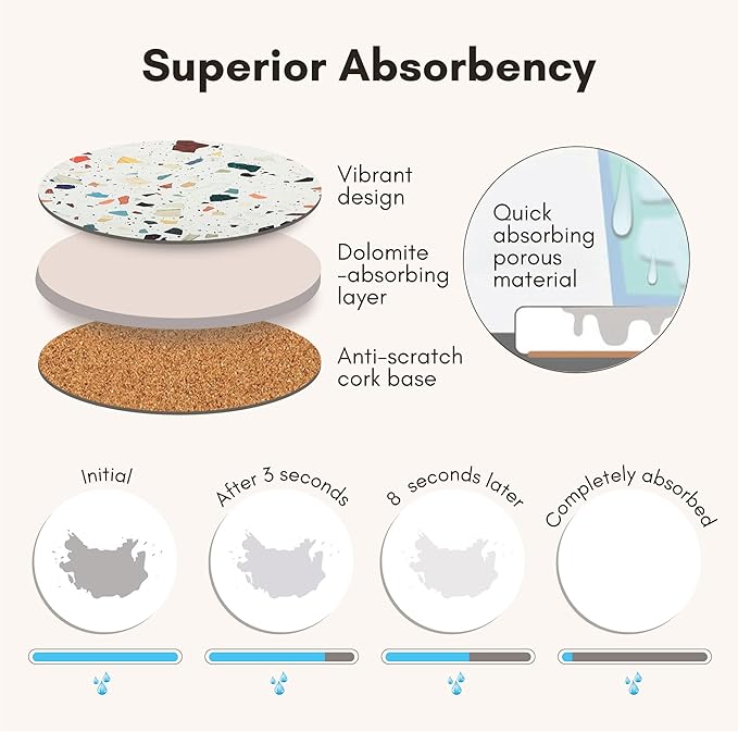 Terrazzo Drink Absorbent Coasters with Holder Set of 6, Ceramic Coaster for Drinks, Coffee Table Decor, Water Absorbing Stone Coaster for Drinks (Mosaic)