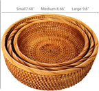 Hadewoven Round Rattan Fruit Basket Wicker Food Tray Weaving Storage Holder Dinning Room Bowl, 10 Inch Woven Bread Basket Key Bowls with 4”Wall for Table, Countertop (Large 9.8")