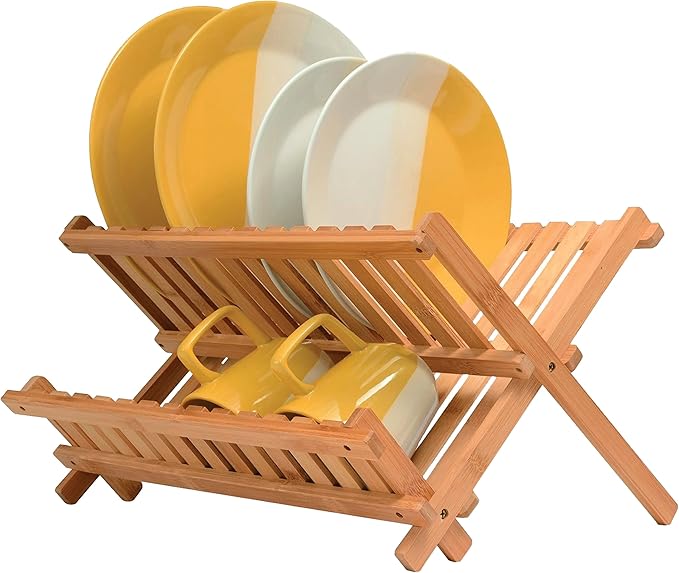 BAMBUSI Dish Drying Rack - Collapsible 2-Tier Bamboo Dish Rack for Kitchen Counter, Wooden Dish Drainer with Foldable Space-Saving Design - Drying Rack for Dishes, Plates, and Cups - Housewarming Gift