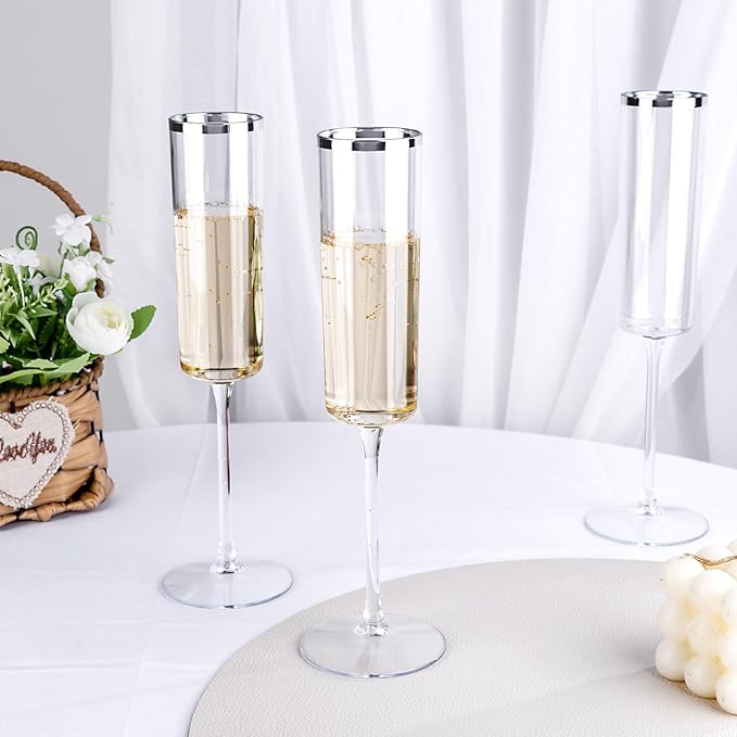 Ciaell 24 Pack Silver Plastic Champagne Flutes - 6 Oz Disposable Champagne Glasses - Square Silver Rim Plastic Toasting Glasses for Party Birthday Anniversary Wedding