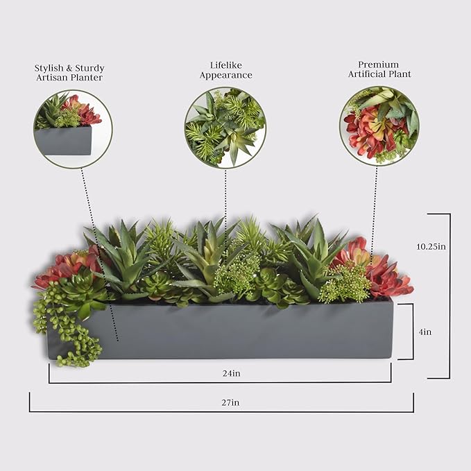 Oblong Faux Succulent Arrangement, Premium Artificial Indoor Plant Enhances Interior Design, Display on any Surface in Your Home Adding an Inviting Touch of Nature, Grey Planter Pot Included