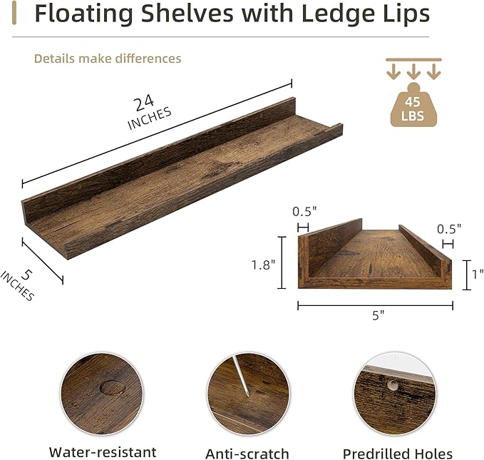 Picture Ledge Shelf, Wood Floating Shelves Set of 4, 24 inch Picture Ledge Shelves, Photo Ledge Nursery Book Shelves Wall Mounted for Living Room Kids' Room Bedroom, Color Brown