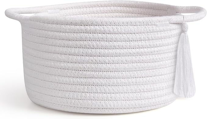 Small Gift Basket Empty to Fill – SweetMemo Cute Woven Organizer Baskets with cellophane wrap for Kids, Baby Shower, Office, Bathroom, Bedside – Little Decor Cotton Rope Bin with Handles - White