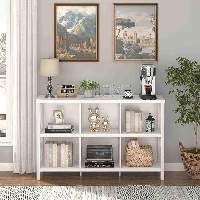 FATORRI 6 Cube Storage Organizer with Shelf, Long Wood and Metal Cubby Bookcase, Industrial Horizontal Bookshelf (White Oak, 47 Inch)