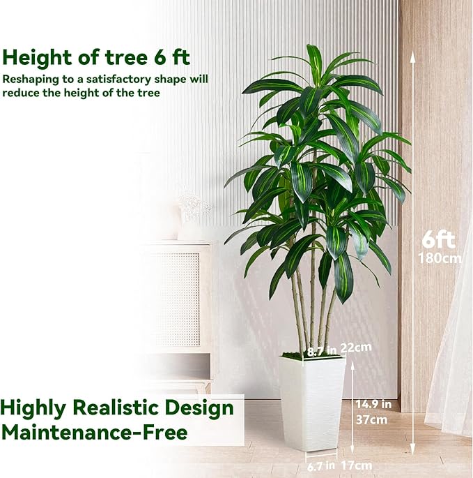 Artificial Dracaena Tree Artificial Silk Tree Faux Tree with White Tall Planter Fake Tropical Yucca Floor Plant (1, White Tall Planter, 6 FT)