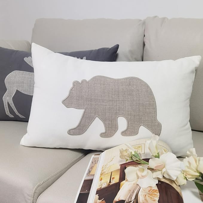 Bear Pillow Covers 12x20 Inches Decorative Cotton Linen Throw Lumbar Waist Embroidered Cushions Covers for Couch Sofa Bedroom (White)