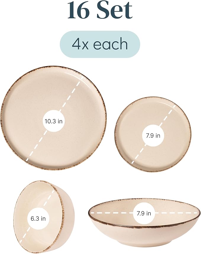 Earthenware dinnerware set 4 persons Rustic 16 pcs - Rustic design dinnerware set, dishwasher safe - Bowl and plate set - Pure Living dinnerware in beige…