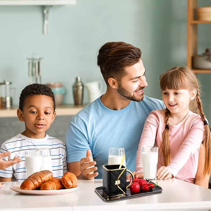 Zubebe 1 Set Coffee Mug Elegant Handbag Shaped Cup Modern Ceramic Purse Mug with Spoon and Saucer, 10oz Cute Creative Tea Cup for Office Home Woman Girls Gift (Black)