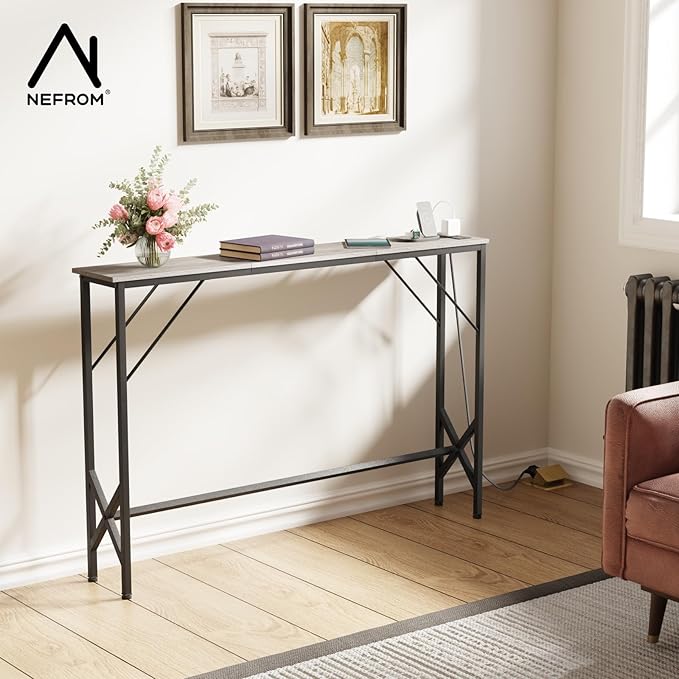 47.2'' Console Table, Skinny Entryway Table with Fast-Charging Station, Narrow Long Sofa Table, Behind Slim Couch Table for Entrance, Hallway, Living Room Decor ST-GY120-1