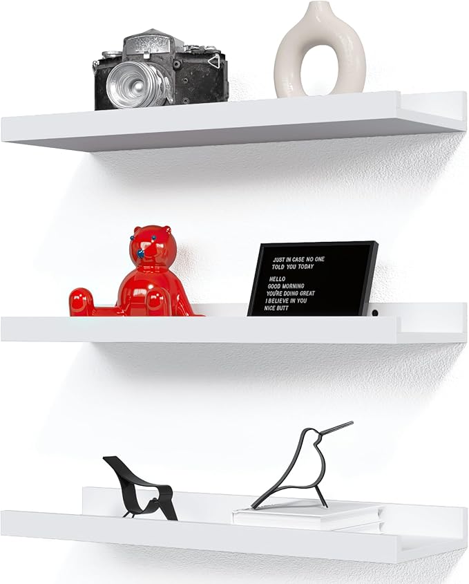 RICHER HOUSE 3 Set White Floating Shelves, Wall Mounted White Shelves for Wall Decor, Picture Ledge Shelf with Lip for Wall Storage Nursery, Bedroom, Living Room, Bathroom - White