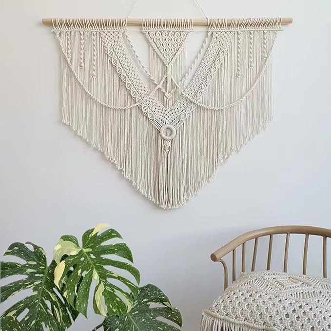 guzhiou large macrame wall hanging - Boho Tapestry Macrame Wall Decor Art- Chic Bohemian Handmade Woven Tapestry Home Decoration for Bedroom Living Room Apartment Wedding Party - 43"x32" (Beige-A)