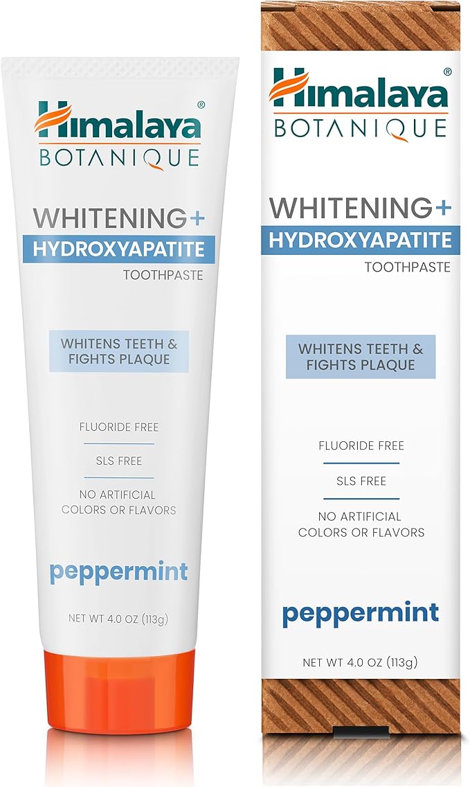 Himalaya Botanique Peppermint Whitening+ Hydroxyapatite (nHA) Toothpaste, Whiter Teeth & Fresher Breath with Hydroxyapatite Support & Peppermint Flavor, Fluoride Free, SLS Free, & Vegan, 4.0 oz (113g)