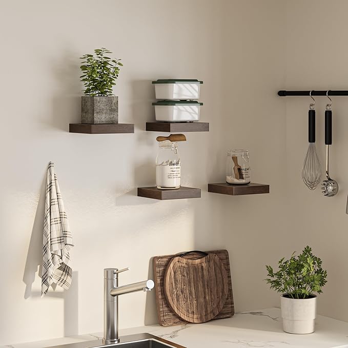 Square Floating Shelves for Wall, 8" W x 8" D x 1.2" H, Small Wooden Wall Mounted Display Shelves with Invisible Brackets for Living Room, Bedroom, Bathroom, Kitchen Decor, Set of 4, Walnut