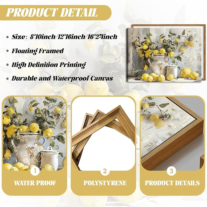 Framed Lemon Kitchen Wall Decor for Dining Room - Vintage Mustard French's Yellow Lemon Kitchen Wall Art, Rustic Oil Paintings Posters Prints for Bathroom Living Room Bedroom 16x24 inch