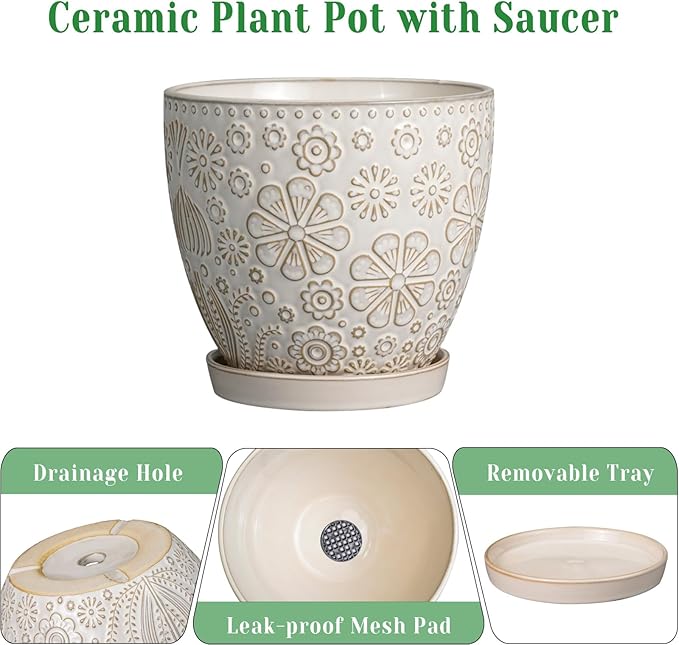 6.9 Inch Plant Pot with Drainage Hole and Saucer Ceramic Planter for Indoor Plant Flower Pot for Orchid Succulents Plants White