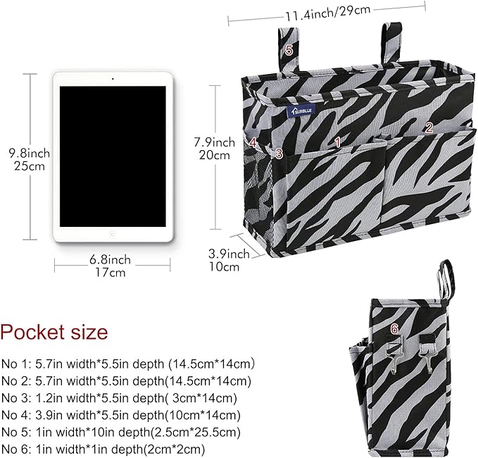 Surblue Caddy Hanging Organizer Bedside Storage Bag for Bunk and Hospital Beds, Zebra, Small