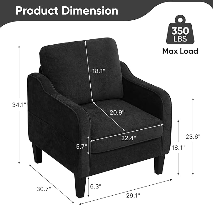 Accent Chairs Set of 2, Upholstered Living Room Chairs with Side Pockets, Mid Century Modern Reading Chair for Bedroom, Comfy Armchair Single Sofa Side Chair for Office, Small Room, Black