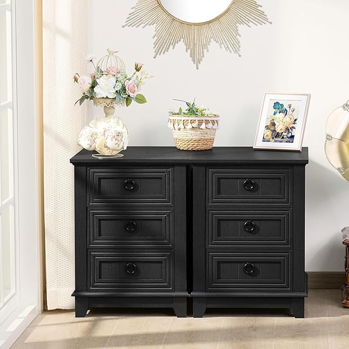 18" Night Stands Set of 2 with Charging Station, Farmhouse 2 & 3 Drawers End Table Dresser for Bedroom, Black Wooden Nightstand, Bed Side Table with Open Shelf, Bedside Cabinet for Living Room