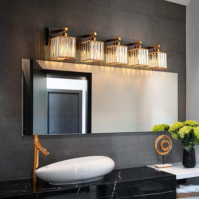 Modern Bathroom Vanity Light 5-Lights Black Gold Crystal Bathroom Wall Light Vanity Light Fixtures，36.22-inch Modern Minimalist Design