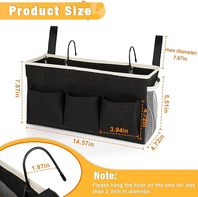 Bedside Caddy Bedside Organizer Bedside Storage Caddy with Fixed Straps and Water Bottle Holder for Home College Dorm Bunk Bed Hospital Bed Crib Bed Rails (Black)