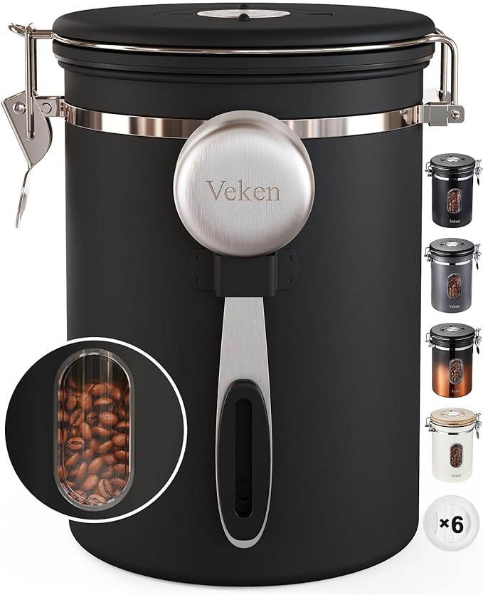 Veken Coffee Canister with Window,Airtight Stainless Steel Container,Home Kitchen Food Storage Organizers for Grounds,Beans,Espresso,Rice,Tea,Sugar,Flour, Cereal,Scoop,Bar Accessories,Gifts,22OZ,Black