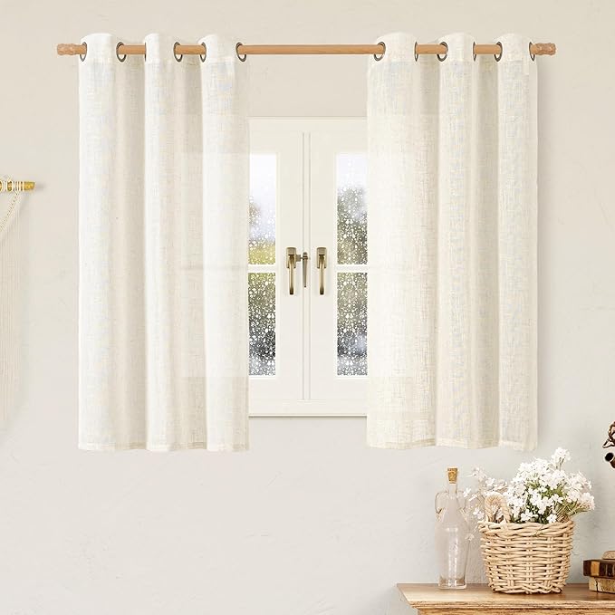 LAMIT 45 Inch Short Window Linen Curtains, Cream Ivory Light Filtering Panels Bronze Grommet Neutral Drapes for Cafe/Bathroom/Loft Room, Natural, 2 Panels, 34 x 45 Inch