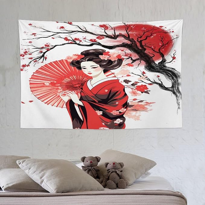 Japanese Red Geisha Tapestry Asian Cherry Blossom Traditional Kimono Folk Tapestries Home Decor for Living Room Bedroom Apartment Farmhouse Dorm 60"x40"