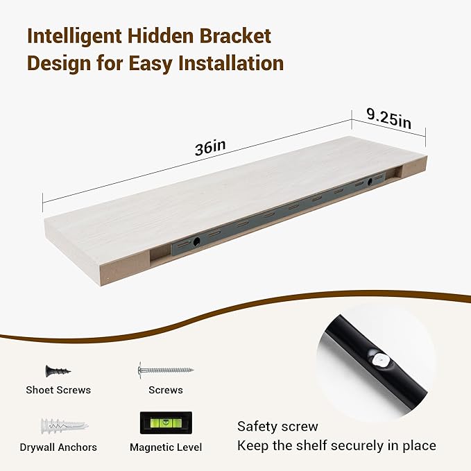 36 Inch Floating Shelves, 36"x9.25"x1.5" Inch Deep Floating Shelves for Wall, Wooden Shelves for Bathroom, Bedroom, Living Room, Cream White Oak