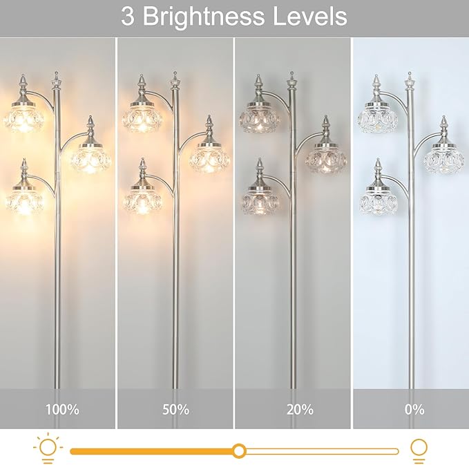 Brushed Nickel Floor Lamp 66.5'' Tall Standing Lamp Dimmable Tree Floor Lamps with 3 LED Lights Glass Shades Silver Lamp for Living Room Bedroom Office(3 Bulbs Included)