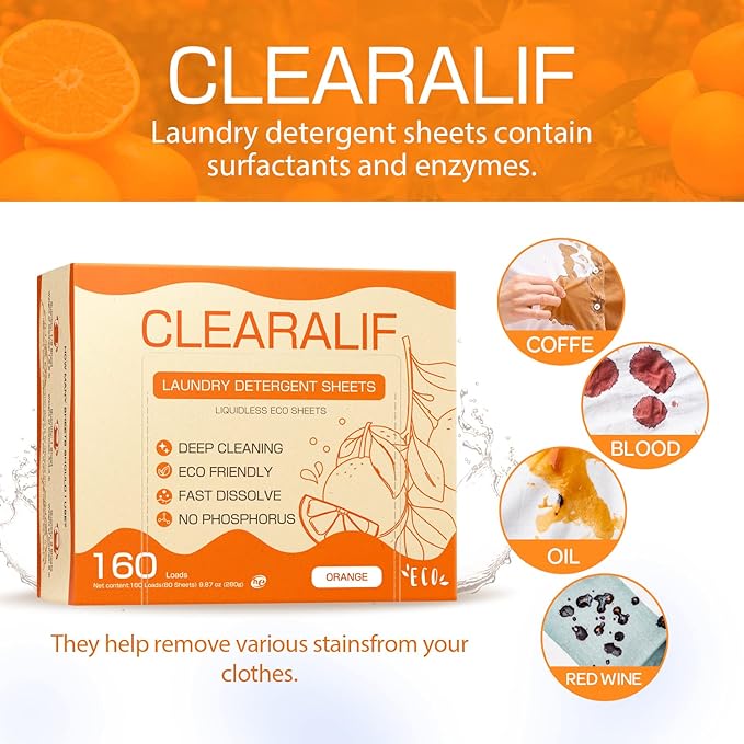 Laundry Detergent Sheets (480 Loads), Orange,Great For Travel,Apartments, Dorms,CLEARALIF Laundry Detergent Strips Eco Friendly & Hypoallergenic (80 Count, Pack of 3)