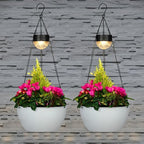 2 Packs Solar Hanging Basket Planters for Plants Outdoor, Self Watering White Flower Plants Pots with Solar Light Drainer for Balcony Patio Garden Outdoor Decoration