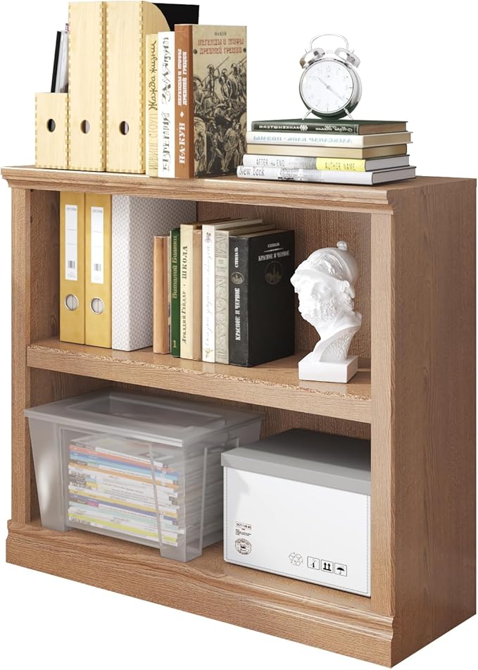 Bookcase, 2 Tiers S Bookshelf Open Storage Organization, Floor Standing Indoor Furniture Book Case for Library Office Living Room Bedroom, Salt Oak - 2 Tier