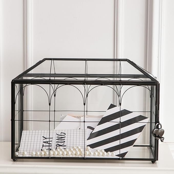 Wedding Card Box with Slot, 12.6'' Large Glass Card Boxes for Reception, Black Geometric Holder, Clear Decorative Storage Box with Lock for Baby Shower, Birthday Party, Christmas, Bridal Shower