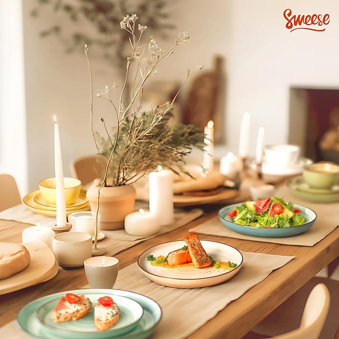 Sweese Plates and Bowls Sets, 18 Piece Dinnerware Set Porcelain Round Dinner Set for 6, Scratch Resistant Dishes Set, Dishwasher and Oven Microwave Safe Handpainted Swirl Dishware Sets, Assorted Green