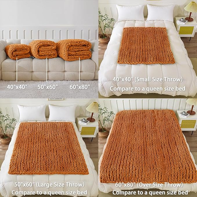 WESHIONGOO Chunky Knit Blanket Throw 50"×60" Knitted Throw Blankets for Couch Bed Fall Throw Blanket Fluffy Soft Blanket with Jumbo Chenille Yarn Thick 100% Handmade (Burnt Orange)
