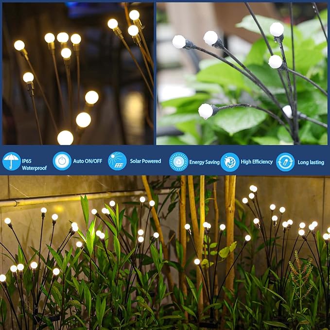 TONULAX Solar Garden Lights - Upgraded Solar Swaying Light, Sway by Wind, Outdoor Lights, Yard Patio Pathway Decoration, High Flexibility Iron Wire & Heavy Bulb Base, Warm White (4 Pack)
