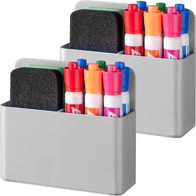 BEYGORM 2 Pack Plastics Magnetic Pen Holder for Refrigerator, Dry Erase Marker Holder for Whiteboard，Magnet School Locker Organizer Accessories, Pencil Cup, Pen Caddy, Classroom Organization(Grey)