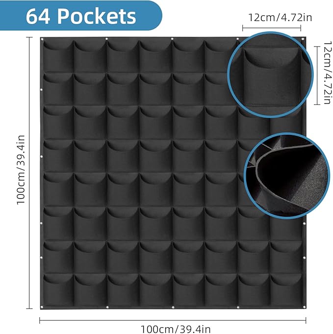 64 Pockets Hanging Planter Bags, Hanging Vertical Wall Mounted Plant Planting Grow Bags, Herb Garden Planter Outdoor Indoor Growing Bag, Gardening Vertical Greening Flower Container(1m×1m, Black)