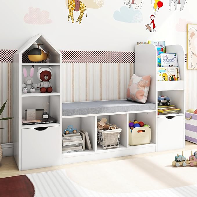 Vabches Kids Bookcase and Bookshelf with Reading Nook, Multifunctional Bookcase with 7 Storage Cubbies 2 Movable Drawers, Bookcases with Seat Cushion for Toy Storage Organizer Children's Room, Bedroom
