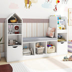Vabches Kids Bookcase and Bookshelf with Reading Nook, Multifunctional Bookcase with 7 Storage Cubbies 2 Movable Drawers, Bookcases with Seat Cushion for Toy Storage Organizer Children's Room, Bedroom