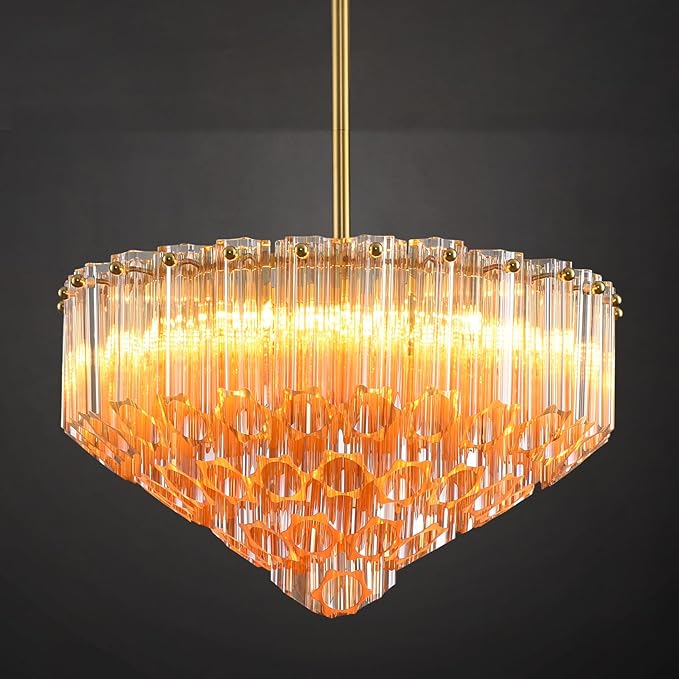 Modern Amber Glass Chandelier, 14" Round Crystal Dining Room Pendant Light Chandelier, Luxury Brass Hanging Fixture for Bedroom, Gold Kitchen Island Light, Dimmable Small Ceiling Lighting Chandeliers