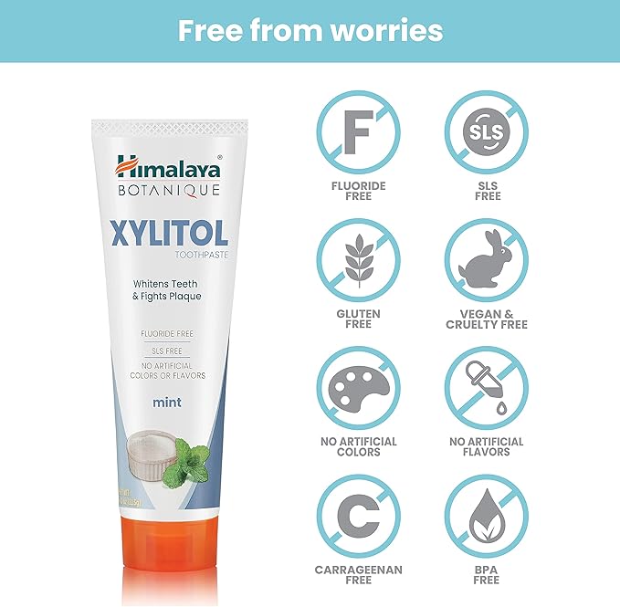 Himalaya Botanique Whitening Antiplaque Toothpaste with Xylitol, Fluoride Free, for Plaque Reduction & Gentle Whitening, 4 oz, 2 Pack