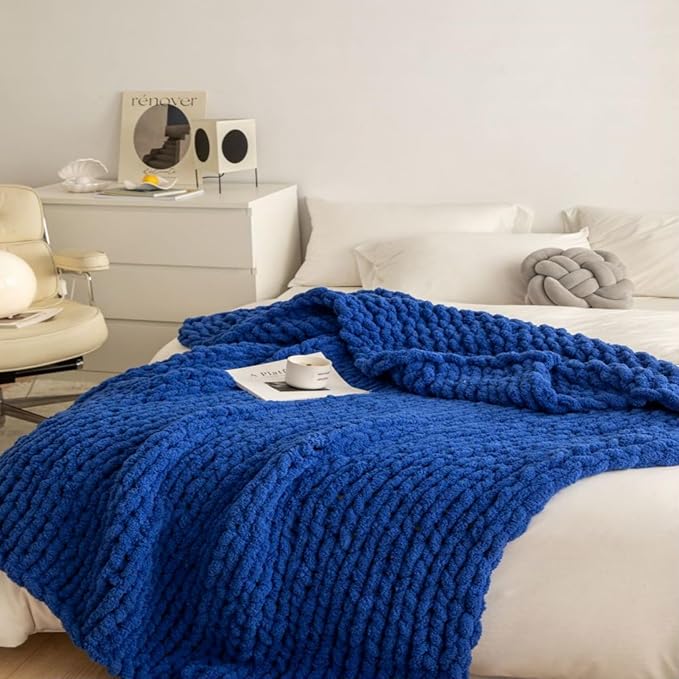 Chunky Knit Blanket Throw 40"x60", Chenille Throw Blankets, Handmade Warm & Cozy Blanket Couch Bed Home Decor, Soft Breathable Fleece Banket, Christmas for Couch Bed Sofa Best Gift (Navy Blue)